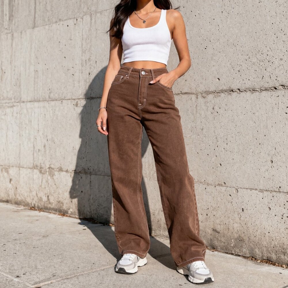 Women's Brown Straight Leg High Rise Jeans, XS